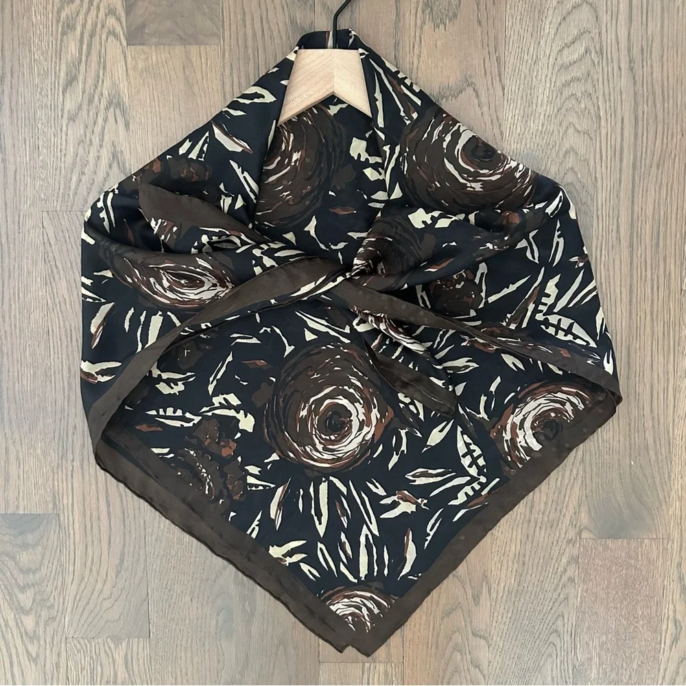 Lisa Corti Floral Abstract Printed 100% Silk Scarf Brown, Black, Cream 32.5